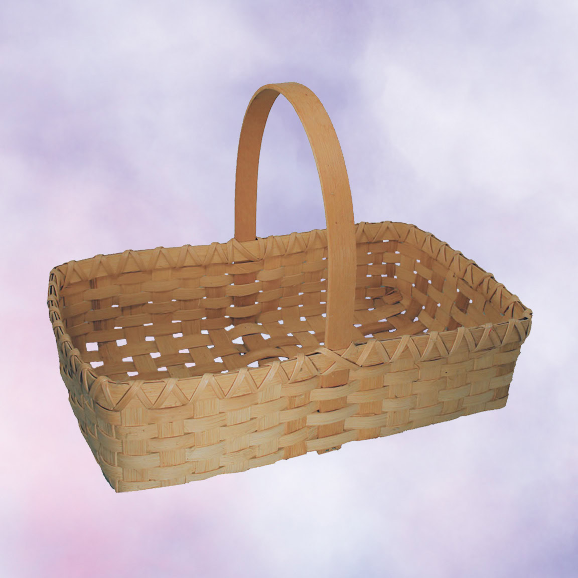 Herb basket image showing a shallow rectangular woven reed basket with a D-shaped oak handle.